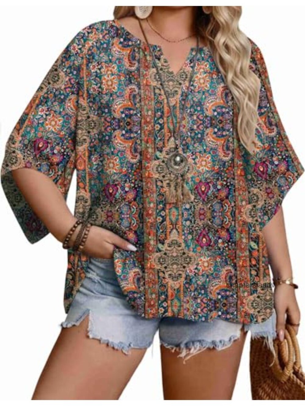 Womens Plus Size Boho Peasant Top 3/4 Bell Sleeves V-Neck Loose Fit Tunic Blouse